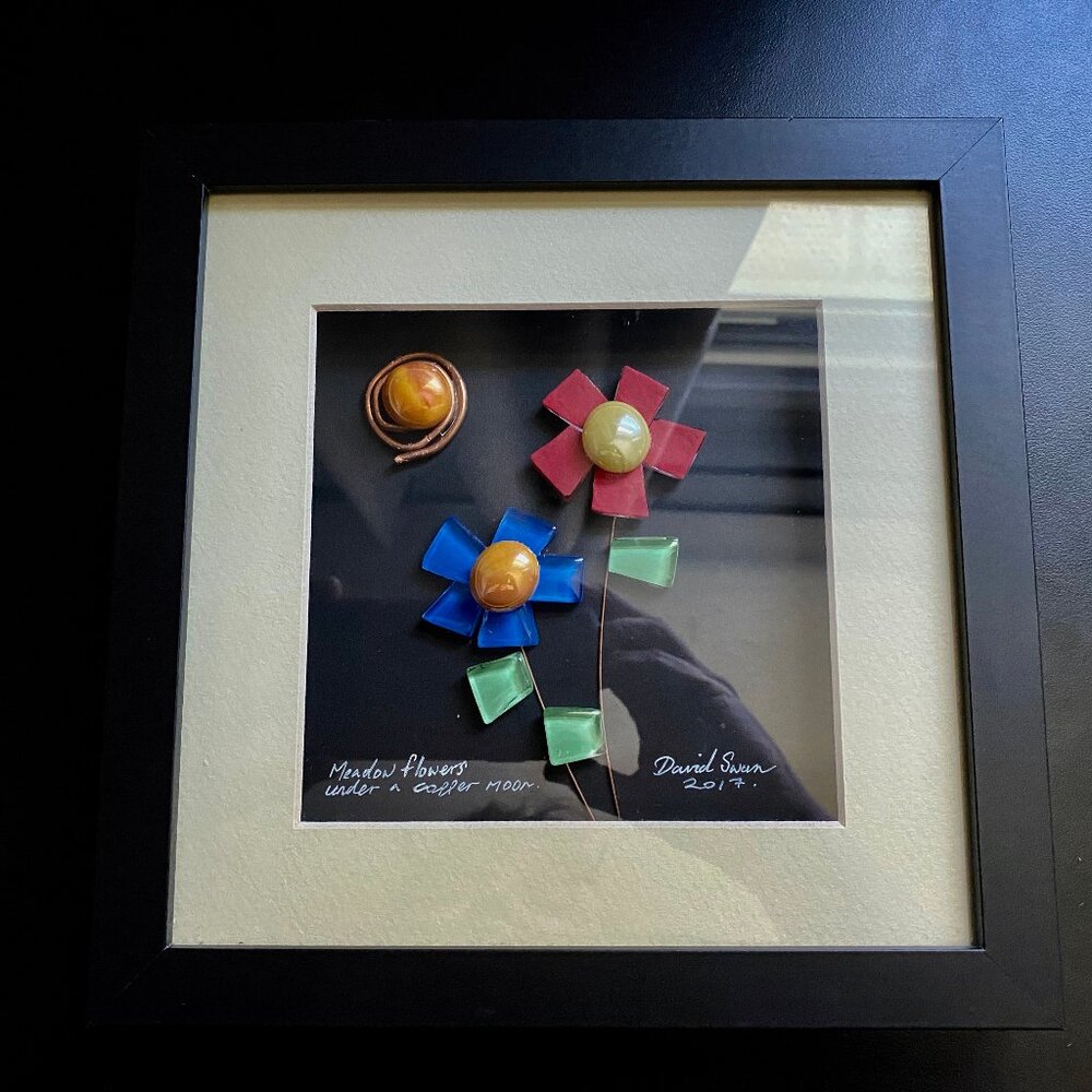 Signed David Swan "Meadow Flowers Under A Copper Moon" Glass Copper Piece 9"X9"